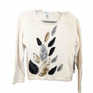 Vintage Diversity Silk Angora Blend Sequin Leaf Sweater Cream Gold Silver M NWT